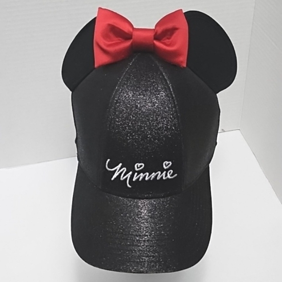 Disney Minnie Mouse Black Glitter Red Bow Ear Adjustable Baseball Hat - Picture 1 of 7